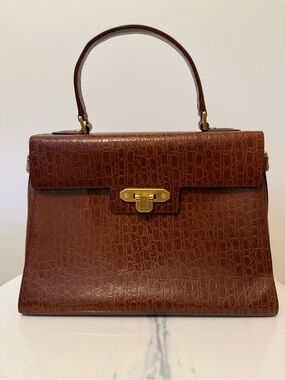 Vintage Valentino Garavani Brown Croc-Embossed Top-Handle Satchel